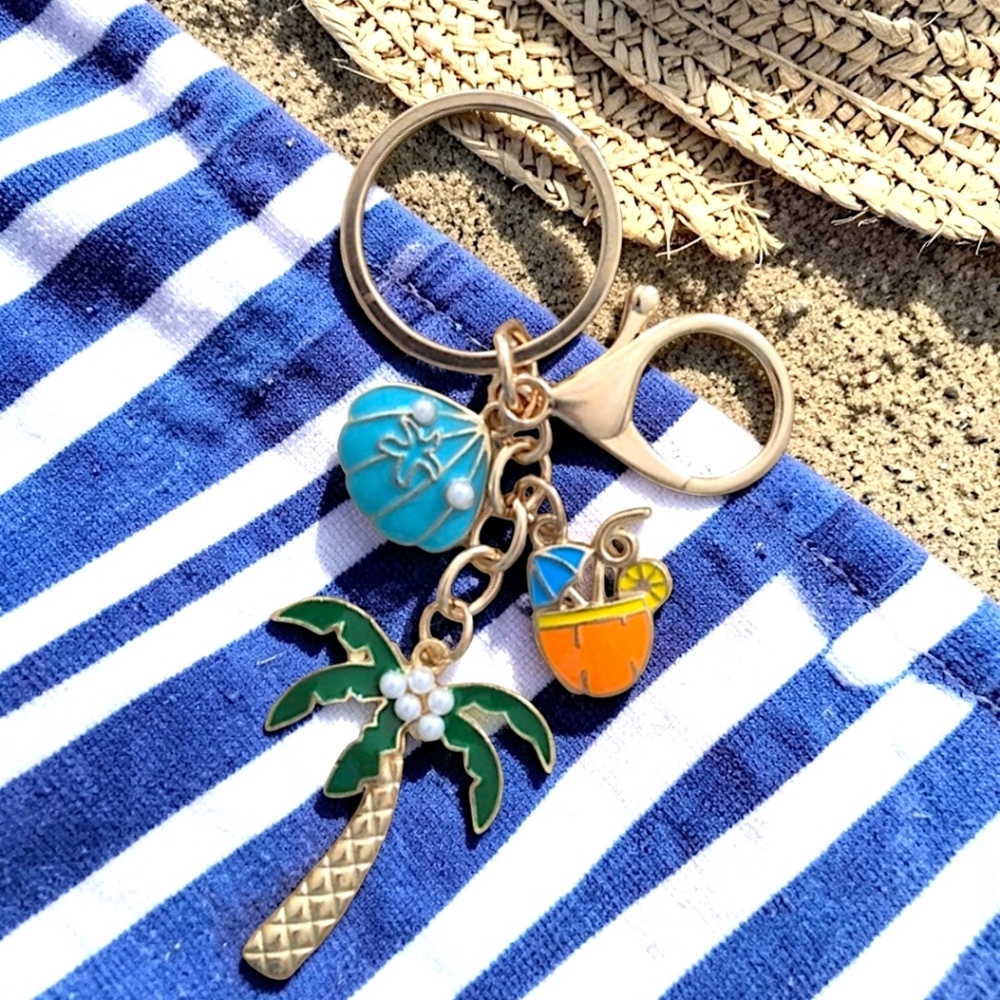 Tropical Bag Charm / Keychain with Palm Tree, Shell & Drink